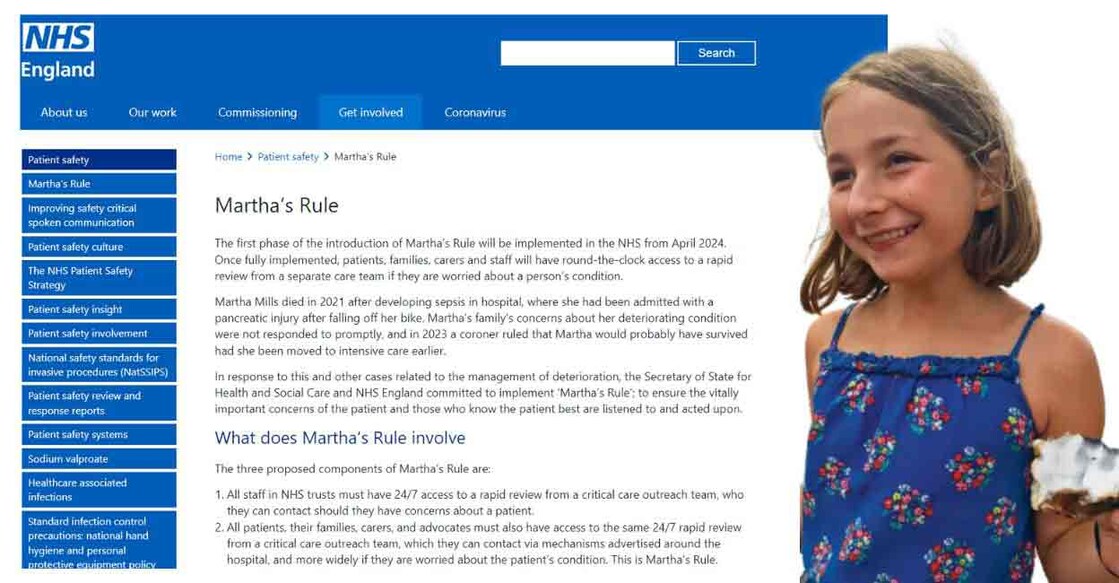 Screenshot of Martha's Rule on NHS website; Martha Millers. Photo: Merope Mills