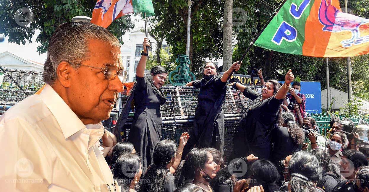 (Left) Kerala Chief Minister Pinarayi Vijayan and (right) BJP workers protesting infront of Secretariat. Photo: Manorama