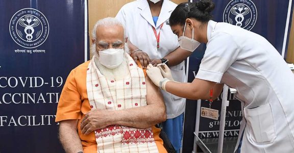 India's Prime Minister Narendra Modi receives the second dose of the Covaxin Covid-19 coronavirus vaccine India's Prime Minister Narendra Modi receives the second dose of the Covaxin Covid-19 coronavirus vaccine