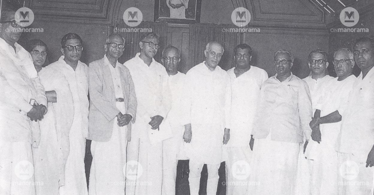 EMS Namboothiripad and the council of ministers with then Prime Minister Jawaharlal Nehru in 1957. EMS Namboothiripad and the council of ministers with then Prime Minister Jawaharlal Nehru in 1957.