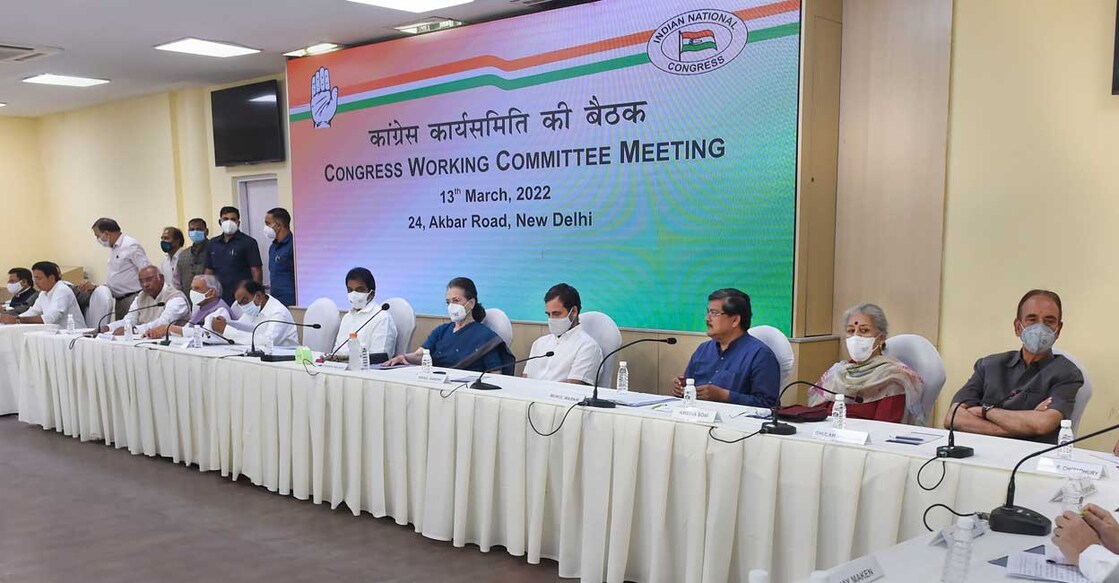 Congress interim President Sonia Gandhi chairs the Congress Working Committee meeting after party's debacle in recent Assembly elections of five states, at AICC, in New Delhi, Sunday, March 13, 2022. Photo: PTI