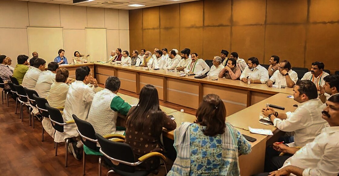 AICC General Secretary and Congress Uttar Pradesh in-charge Priyanka Gandhi chairs a review meeting after party's debacle in recent Uttar Pradesh Assembly elections in New Delhi, March 15, 2022. Photo: PTI