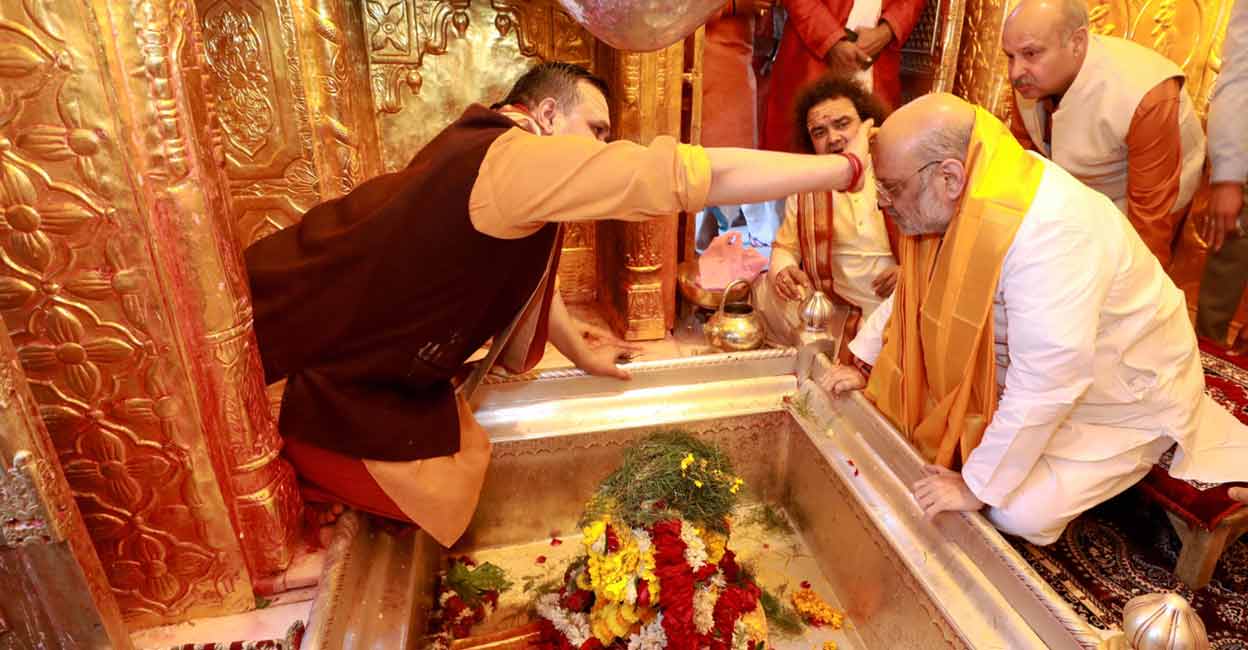 PTI03_02_2022_000253A Union Home Minister Amit Shah during his visit to Kashi Vishwanath temple, in Varanasi. Photo: PTI