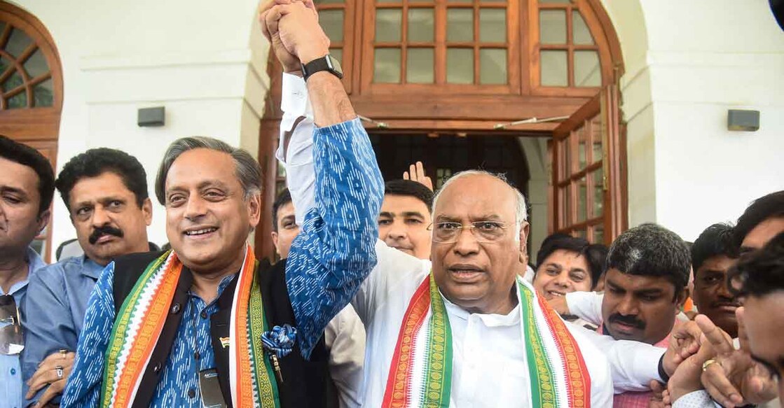 Shashi Tharoor greets newly elected Congress President Mallikarjun Kharge at the latter's residence, in New Delhi, Wednesday, Oct 19, 2022. Photo: PTI