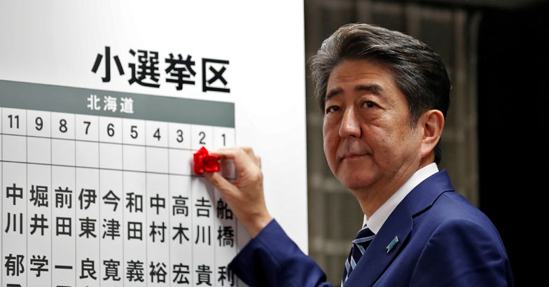 JAPAN-ELECTION Japan's Prime Minister Shinzo Abe, leader of the Liberal Democratic Party (LDP), looks on as he puts a rosette on the name of a candidate who is expected to win the lower house election, at the LDP headquarters in Tokyo, Japan, October 22, 2017. EUTERS/Kim Kyung-Hoon