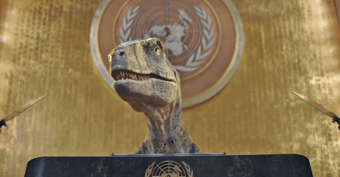 Dinosaur takes to UN General Assembly podium to tell world leaders: Don't choose extinction