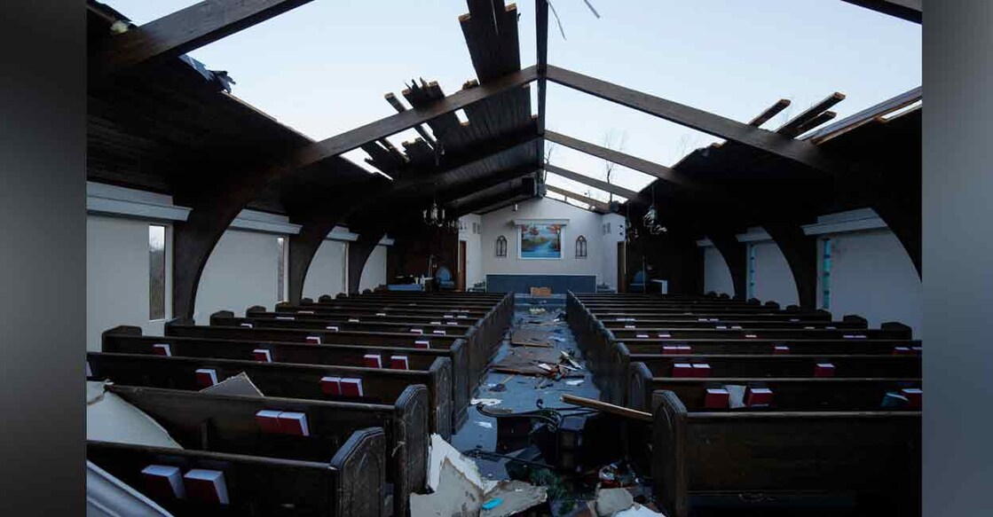 Kentucky tornado Interior view of tornado damage to Emmanuel Baptist Church in Mayfield, Kentucky on Sunday. Photo: AFP
