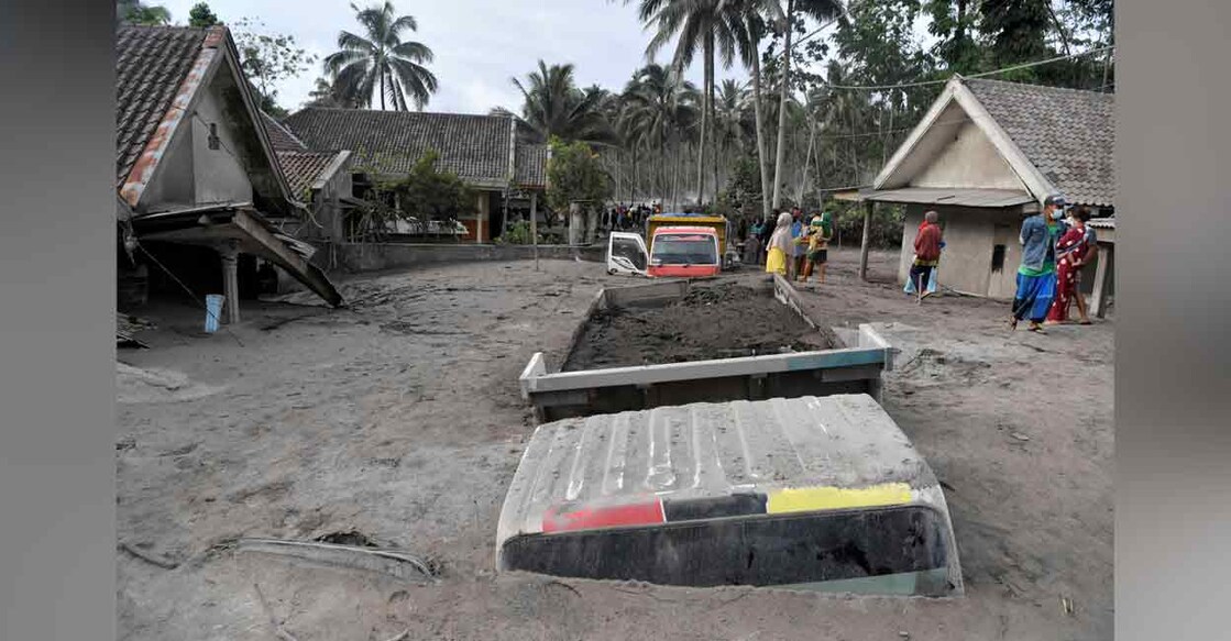Trucks covered by volcanic ash which is spewed out of Mount Semeru are seen in Sumber Wuluh Village, Lumajang, East Java province, Indonesia on Sunday. Photo: Reuters
