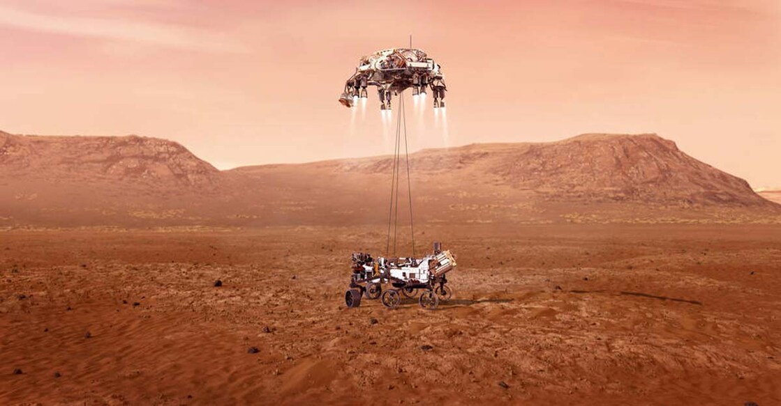 An illustration of NASA’s Perseverance rover landing safely on Mars