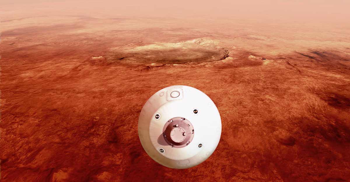 The aeroshell containing NASA’s Perseverance rover guides itself towards the Martian surface The aeroshell containing NASA’s Perseverance rover guides itself towards the Martian surface