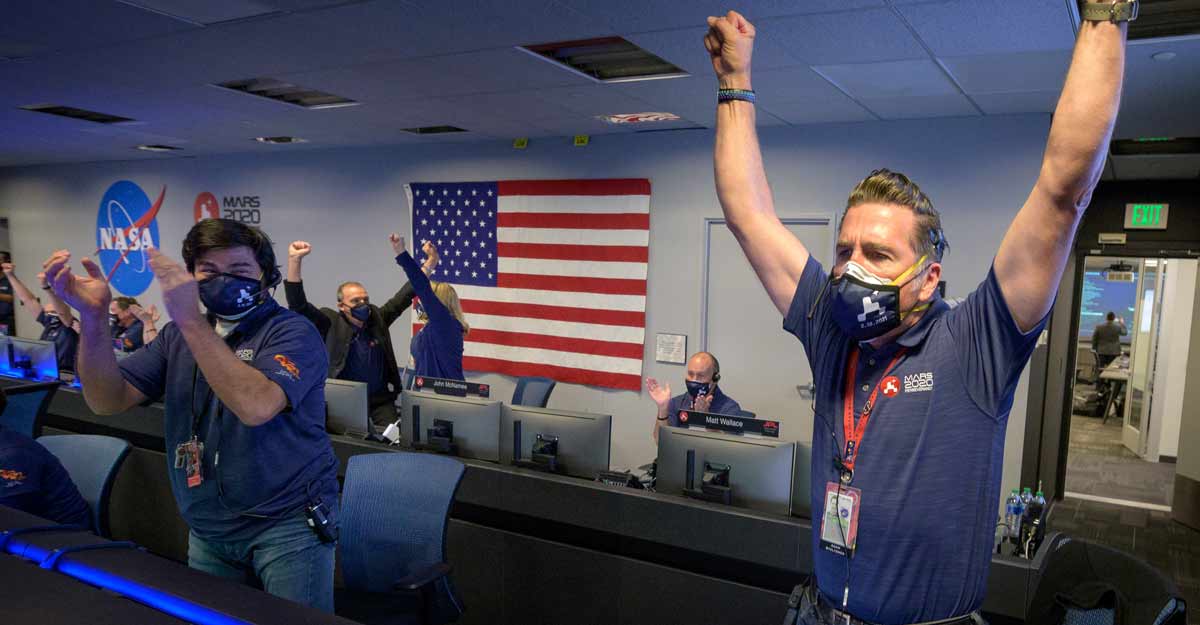 NASA workers celebrate Perseverance rover landing NASA workers celebrate Perseverance rover landing