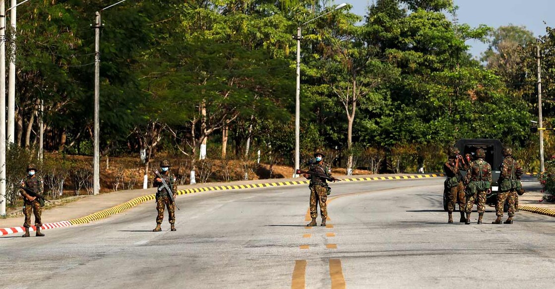 Myanmar Soldiers stand guard at a Myanmar's military checkpoint on the way to the congress compound in Naypyitaw, Myanmar, February 1, 2021. Picture taken February 1, 2021. REUTERS/Stringer