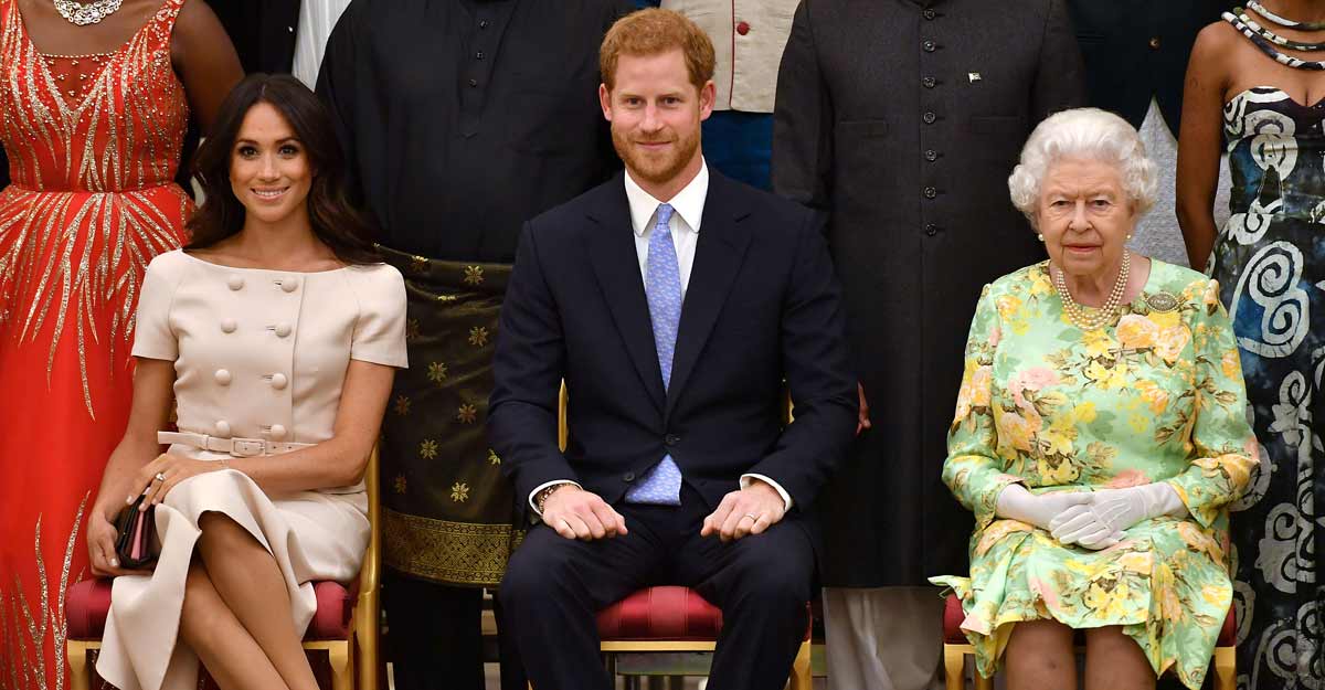 Britain's Queen Elizabeth, Prince Harry and Meghan, the Duchess of Sussex 