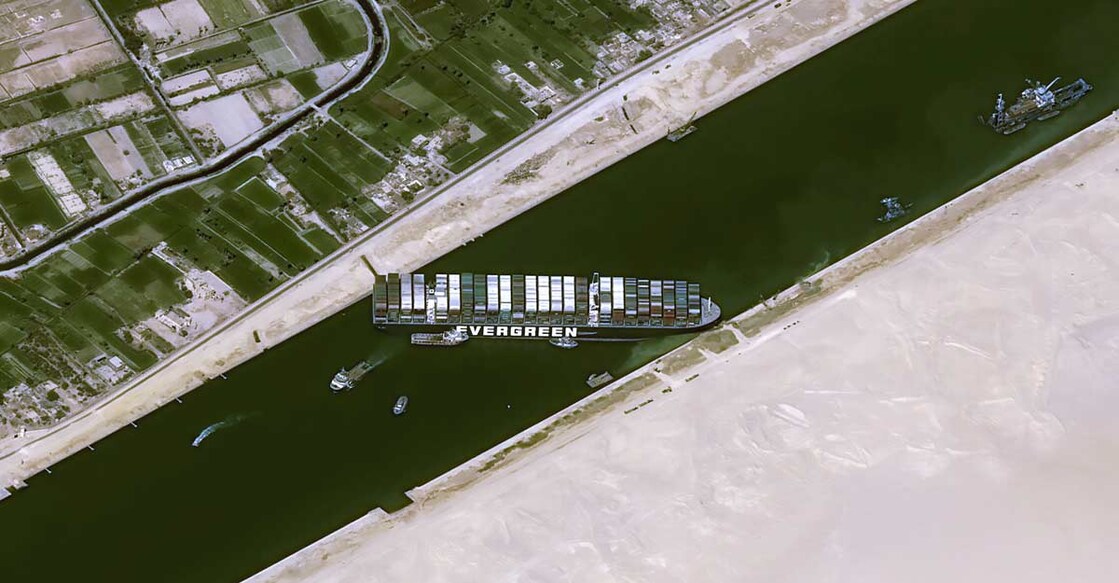 A satellite image shows stranded container ship Ever Given after it ran aground in Suez Canal