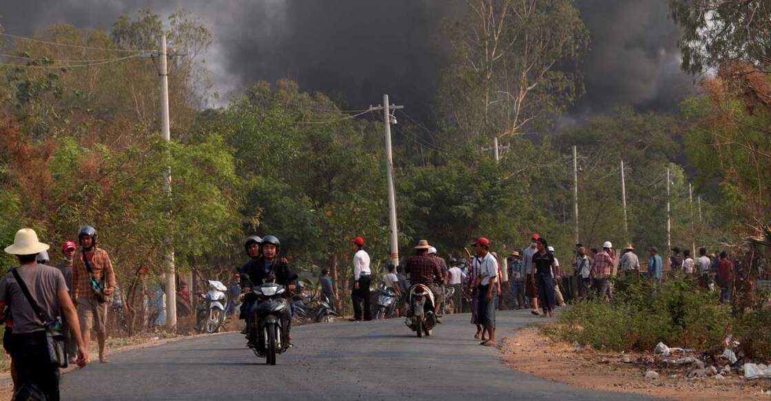 Demonstrators are seen before a clash with security forces in Taze, Sagaing Region, Myanmar April 7, 2021, in this image obtained by Reuters