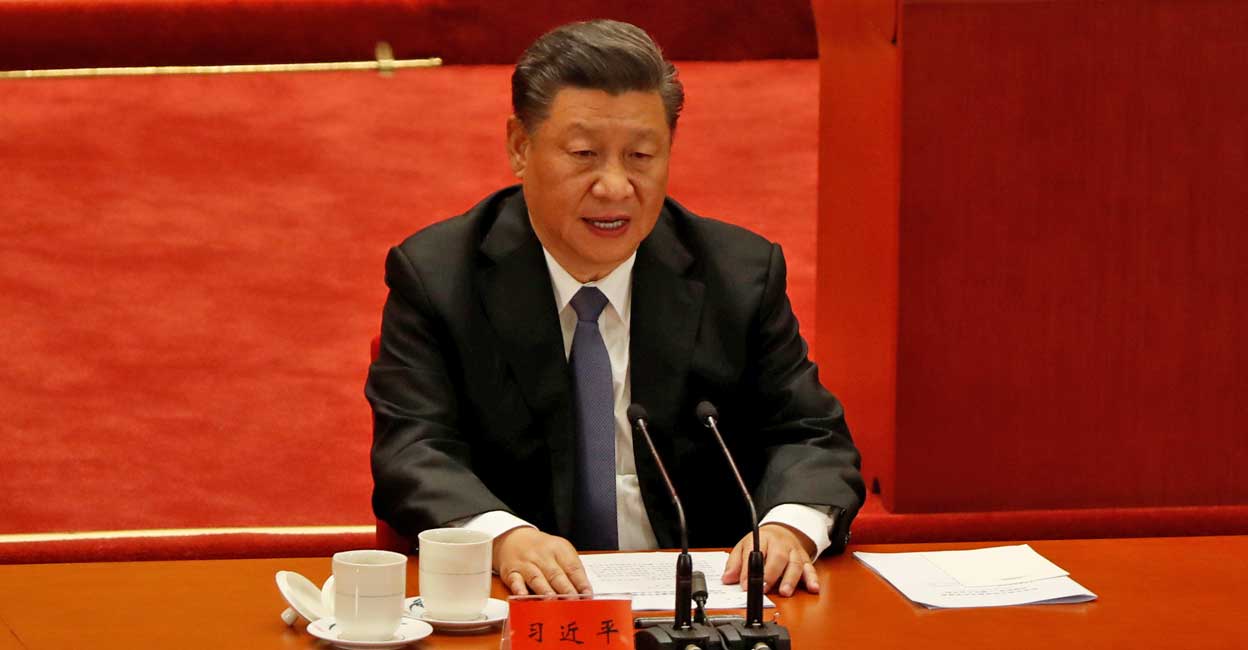 China's President Xi Jinping speaks while taking part in an event marking the 70th anniversary of the Chinese People's Volunteer Army's participation in the Korean War at the Great Hall of the People in Beijing, China October 23, 2020. Reuters/Carlos Garcia Rawlins