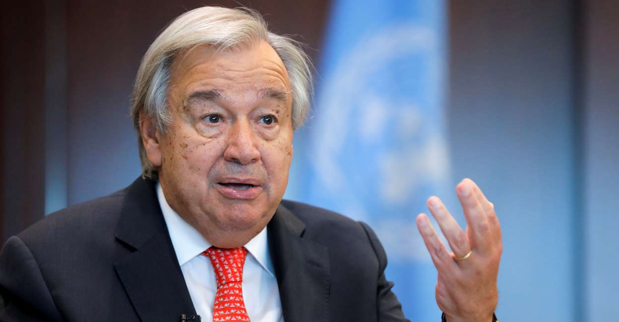 United Nations Secretary-General Antonio Guterres gestures during an interview with Reuters at the United Nations Headquarters in Manhattan, New York City, U.S., September 15, 2021. Reuters/Andrew Kelly