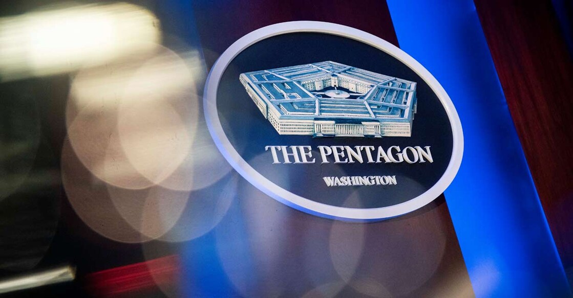 The Pentagon logo is seen behind the podium in the briefing room at the Pentagon in Arlington, Virginia, U.S., January 8, 2020. Reuters/Al Drago