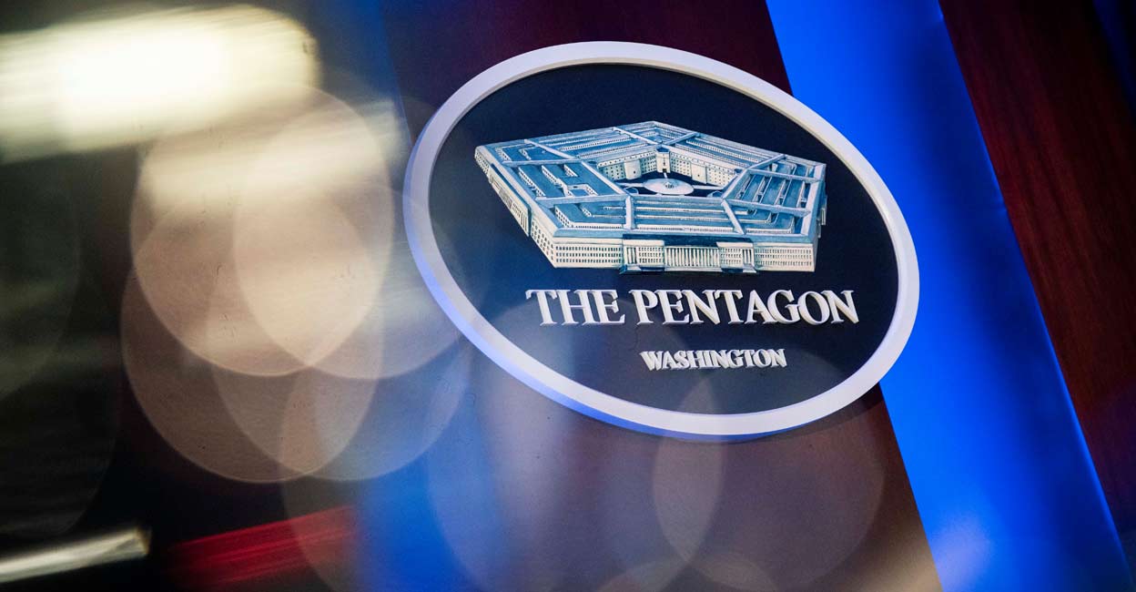 The Pentagon logo is seen behind the podium in the briefing room at the Pentagon in Arlington, Virginia, U.S., January 8, 2020. Reuters/Al Drago