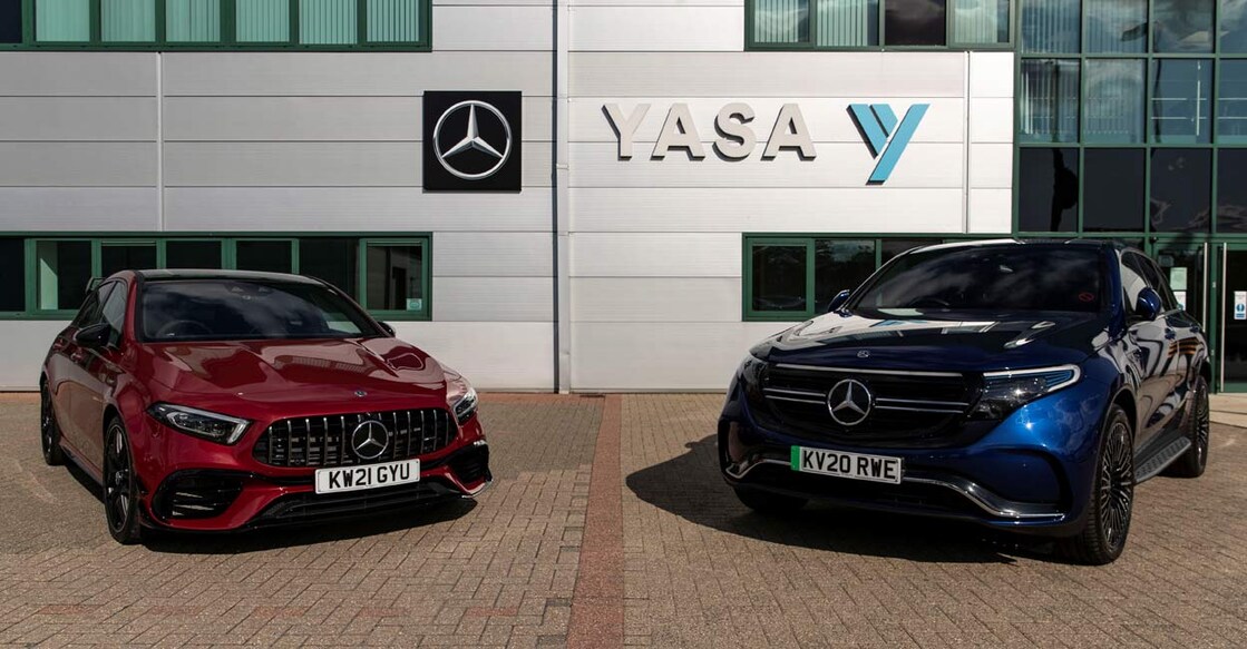 Two electric cars are parked at YASA headquarters and production facility in Oxford. REUTERS/May James