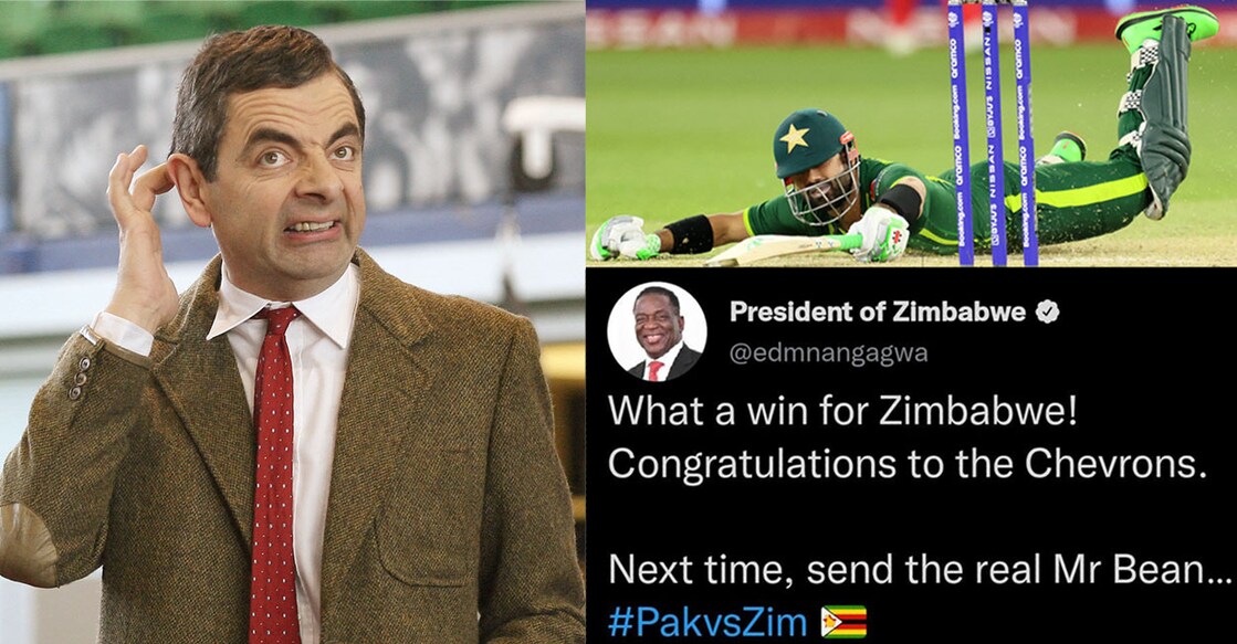Clockwise L-R: British actor and comedian Rowan Atkinson in his character as 'Mr Bean'. A Pakistan player reacts during the T20 World Cup match against Zimbabwe. The tweet from Zimbabwe president. Photos: AFP 
