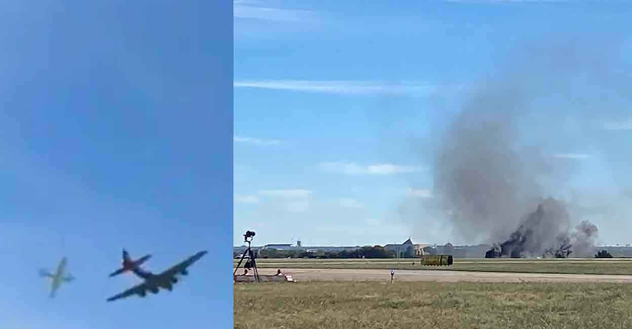airshow-main The scenes from the collision of planes at the Dallas executive airport during an air show on Saturday. (Hand out picture/@GollyltsMollie/AFP)