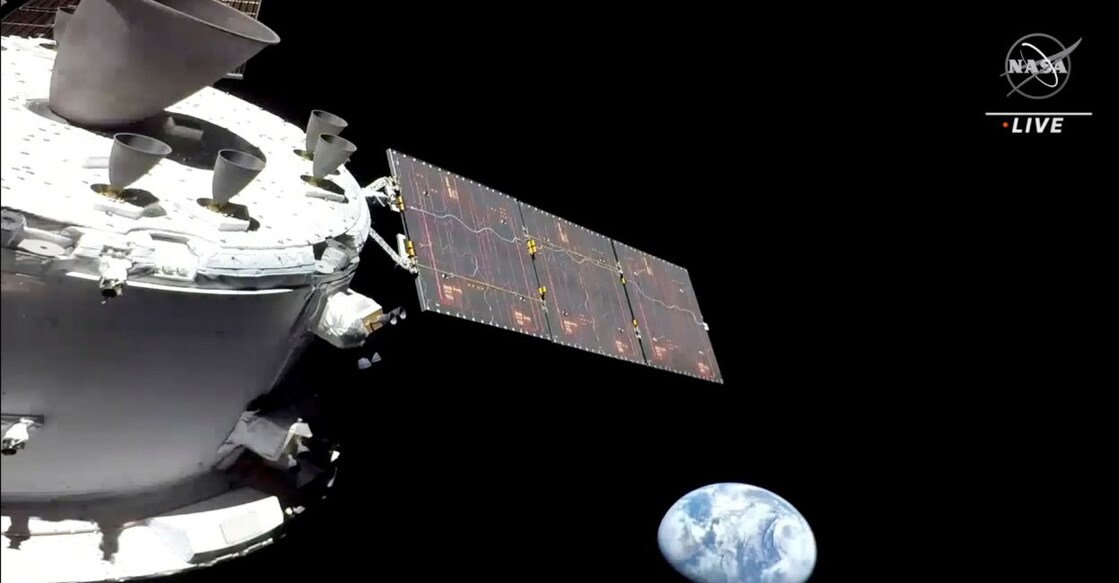 This handout image courtesy of NASA obtained on November 16, 2022 shows a view of the NASA Orion spacecraft, on its way to the moon. Photo by handout: NASA/AFP