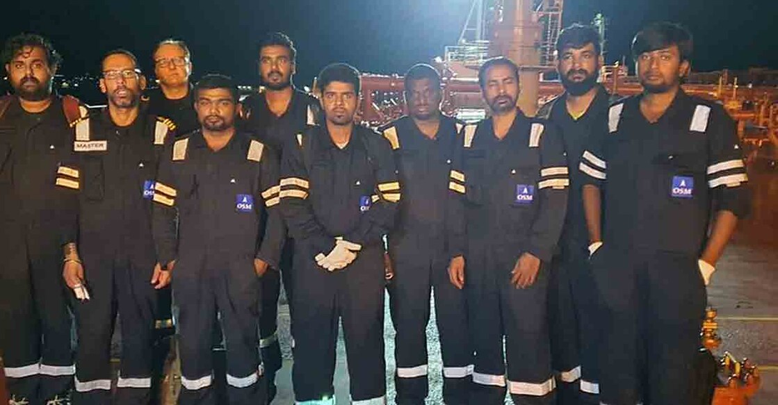 The crew in the Norway based ship MT Heroic Idun detained by Equatorial Guinea. Photo: Twitter/AllSeafarers