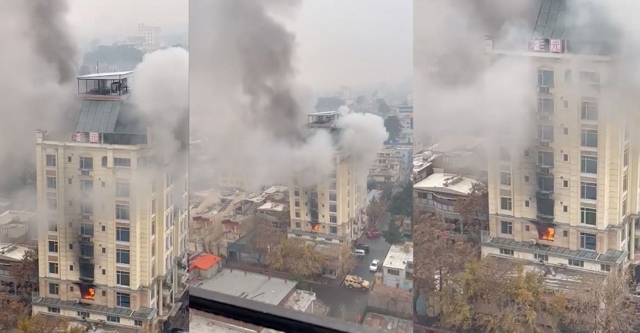View of a hotel fire in Shahr-e-Naw neighbourhood where gunfire was also heard in Kabul, Afghanistan December 12, 2022, in this still image from social media video obtained by Reuters.