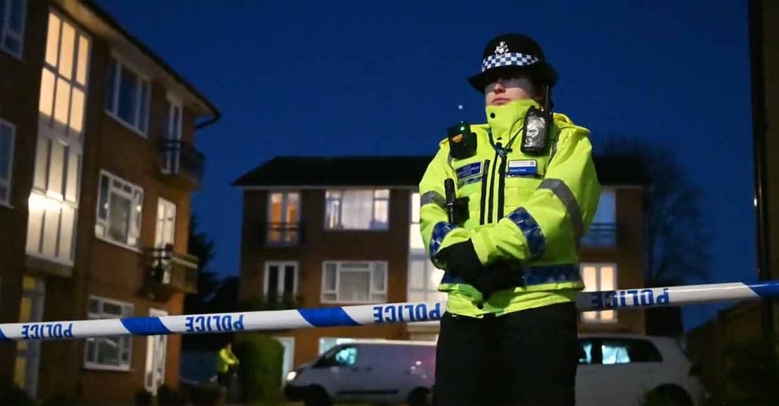 murder A policewoman stands outside the scene of crime at Kettering in Northamptonshire, England on Thursday. Photo: Screenshot from Twitter/ @NorthantsPolice