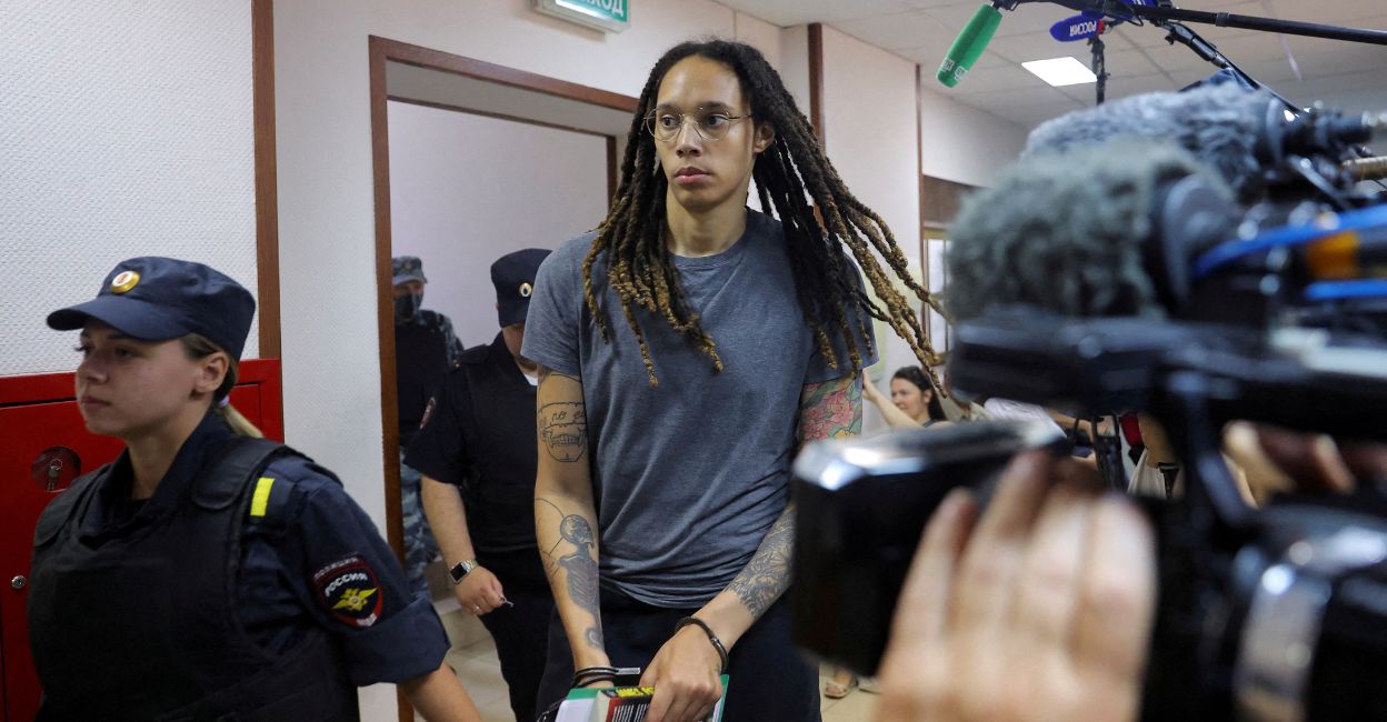 US basketball player Brittney Griner, who was detained at Moscow's Sheremetyevo airport and later charged with illegal possession of cannabis, is escorted before the verdict in Khimki outside Moscow, Russia, August 4, 2022. Photo: Reuters
