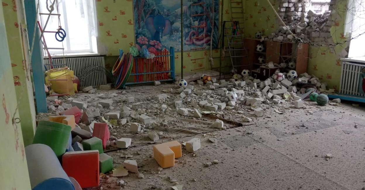 An interior view shows a kindergarten, which according to Ukraine's military officials was damaged by shelling, in Stanytsia Luhanska in the Luhansk region, Ukraine, in this handout picture released February 17, 2022. Photo: Press Service of the Joint Forces Operation/Handout via REUTERS