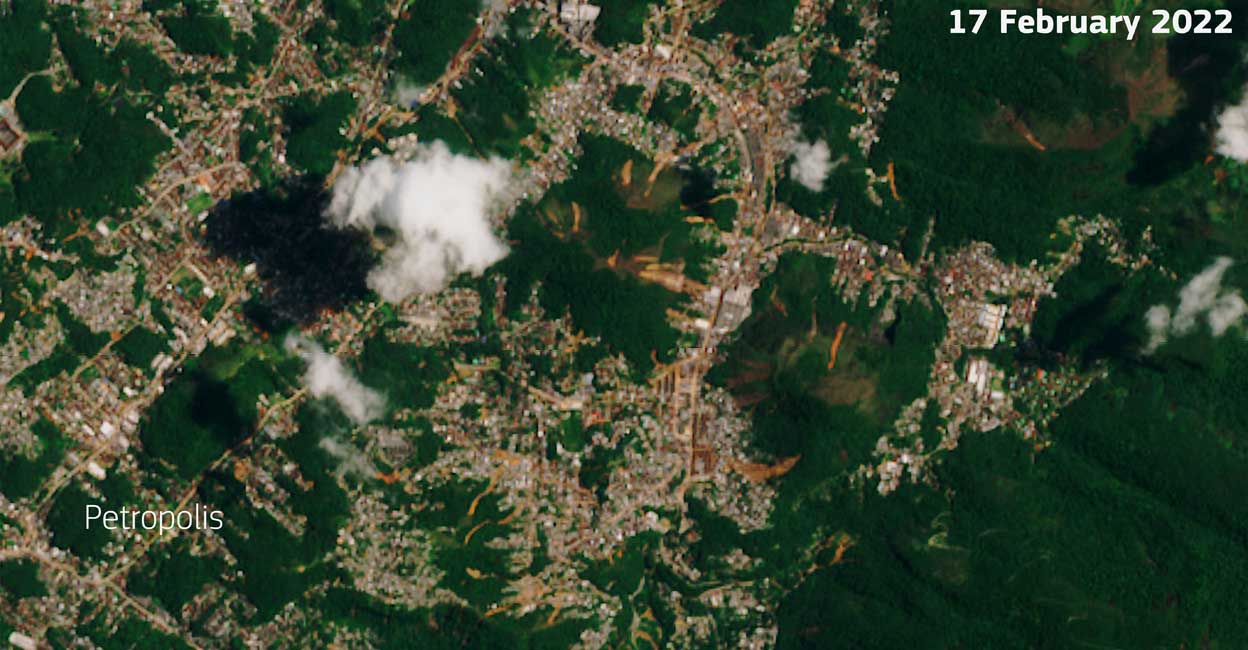 Brazil A satellite image shows landslides at an area affected by floods in Petropolis, Brazil February 17, 2022. Courtesy of European Union, Copernicus Sentinel-2 Imagery processed by @DEFIS_EU/Handout via Reuters