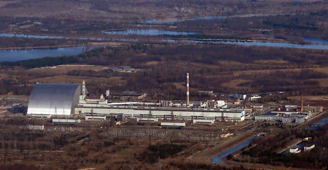 An aerial view of a New Safe Confinement (NSC) structure over the old sarcophagus covering the damaged fourth reactor at the Chernobyl Nuclear Power Plant during a tour to the Chernobyl exclusion zone, Ukraine. File photo: Reuters 