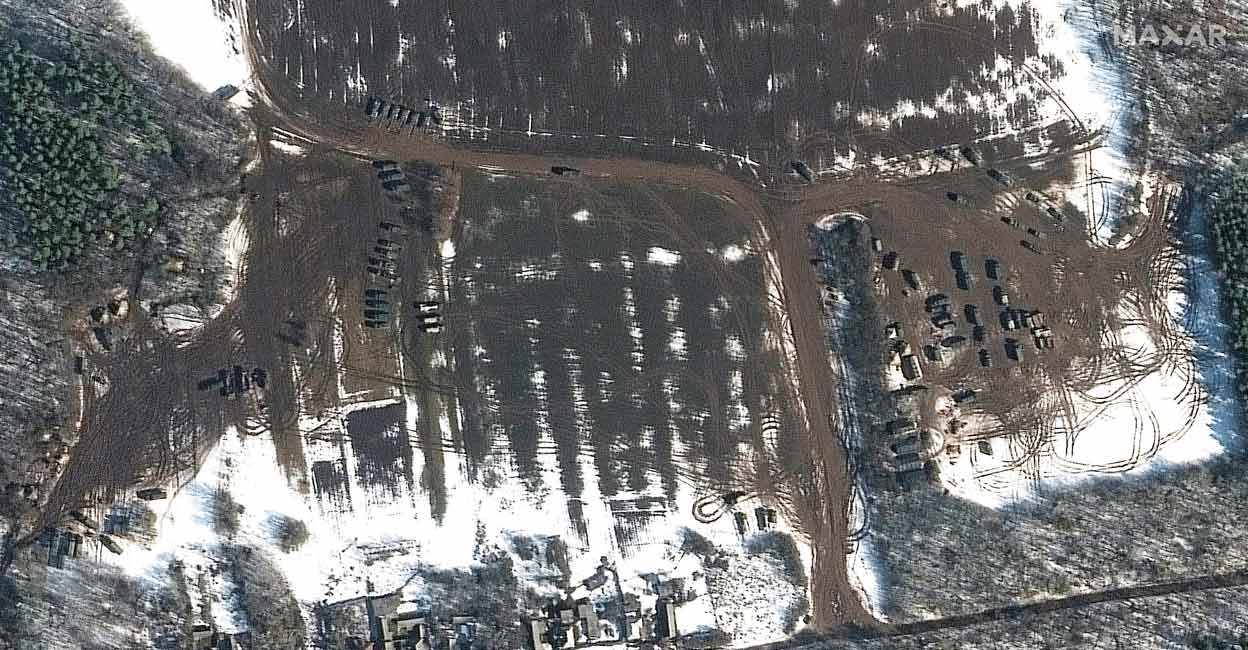 This Maxar satellite image taken and released on February 23, 2022 shows a battle group and artillery deployment in Golovchino. (Photo by Satellite image 2022 Maxar Technologies / AFP)