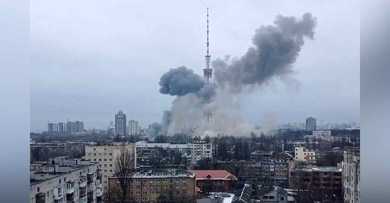 Kyiv bombing This handout picture released on the Facebook page of the Ukrainian Interior ministry on Tuesday show the smoke after a missile attack targeting the Ukrainian capitals television centre in Kyiv. Photo: AFP