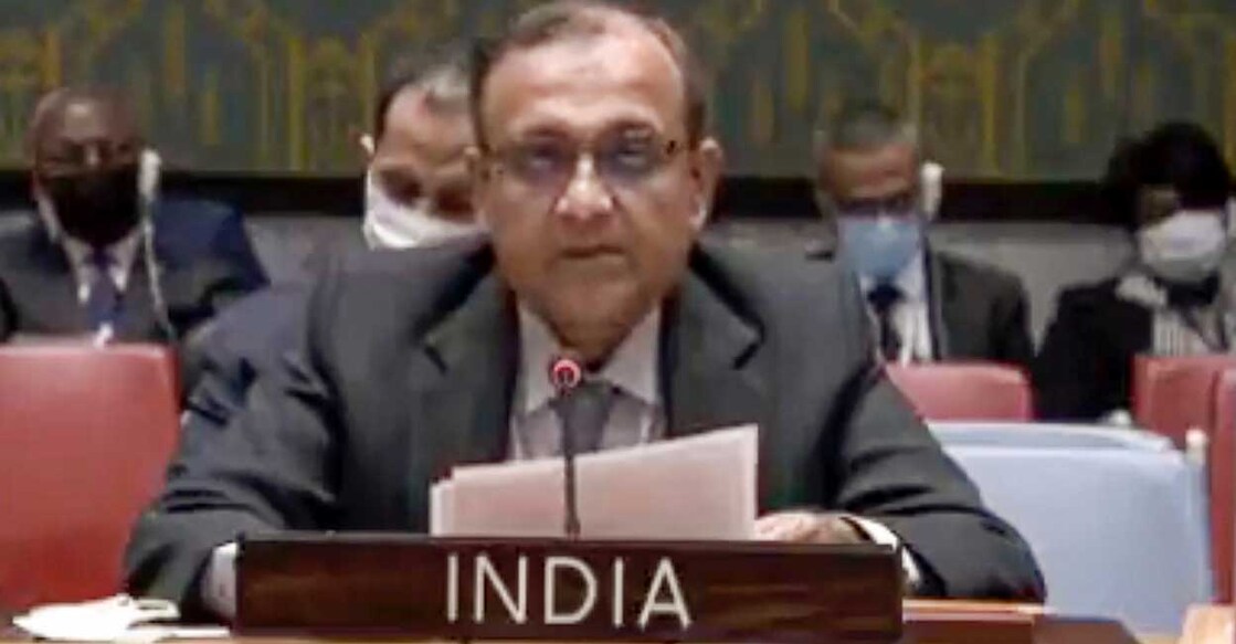 Permanent Representative of India to the United Nations T S Tirumurti speaks at the UNSC emergency meeting on Ukraine crisis, in New York. Photo: PTI