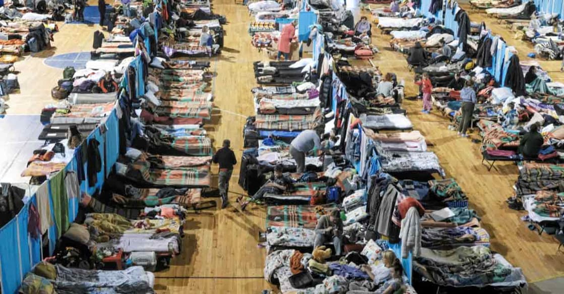 A general view of the Arena Sports and Entertainment Hall which has been transformed into an accommodation facility for refugees fleeing Russia's invasion of Ukraine in Poznan, Poland on Friday. Photo: Reuters 