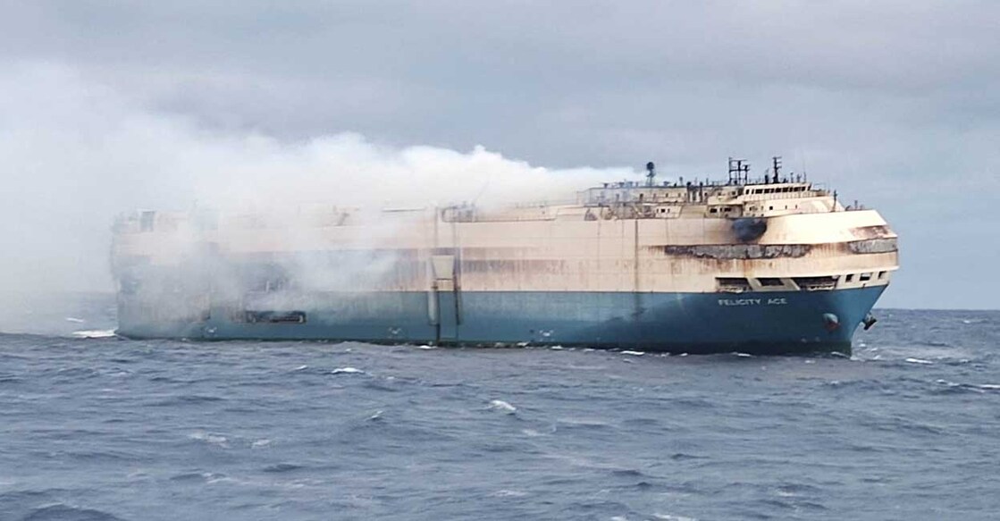 The ship, Felicity Ace, which was traveling from Emden, Germany, where Volkswagen has a factory, to Davisville, in the US state of Rhode Island, burns more than 100 km from the Azores islands, Portugal, February 18, 2022. Photo: Portuguese Navy/Reuters