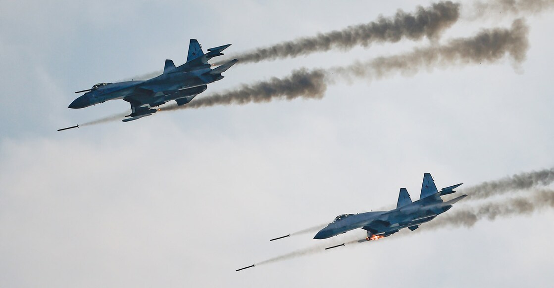 Russian Sukhoi Su-35 jet fighters fire missiles during the Aviadarts competition, as part of the International Army Games 2021, at the Dubrovichi range outside Ryazan, Russia August 27, 2021. File photo: REUTERS/Maxim Shemetov