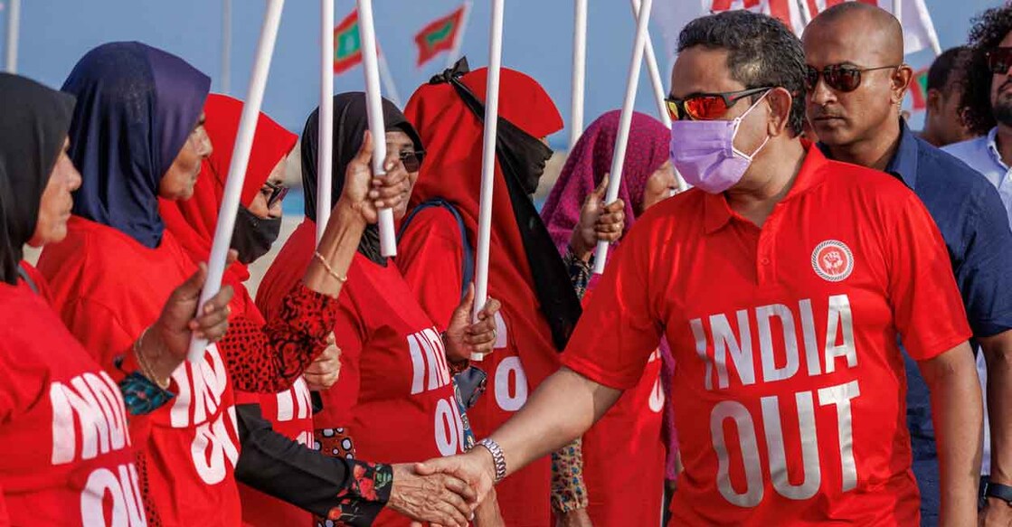 Abdulla Yameen, chief of the Progressive Party of Maldives, meets his supporters during an "India Out" protest rally in Naifaru, Maldives, March 19, 2022. Picture taken March 19, 2022. Progressive Party of Maldives/Handout via REUTERS