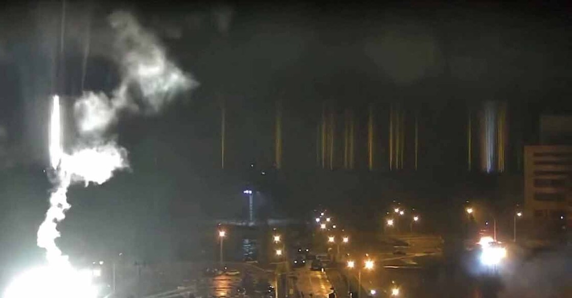 Surveillance camera footage shows a flare landing at the Zaporizhzhia nuclear power plant during shelling in Enerhodar, Zaporizhia Oblast, Ukraine March 4, 2022, in this screengrab from a video obtained from social media. Zaporizhzhya NPP via YouTube/via REUTERS