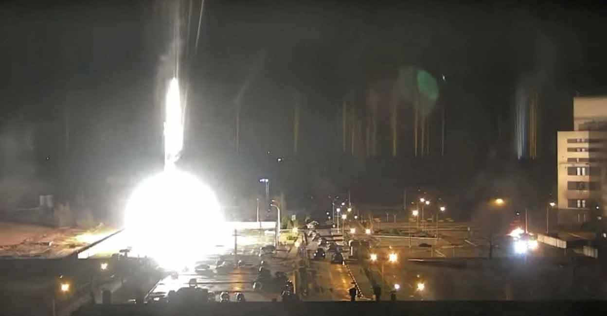 Surveillance camera footage shows a flare landing at the Zaporizhzhia nuclear power plant during shelling in Enerhodar, Zaporizhia Oblast, Ukraine March 4, 2022, in this screengrab from a video obtained from social media. Zaporizhzhya NPP via YouTube/via REUTERSSurveillance camera footage shows a flare landing at the Zaporizhzhia nuclear power plant during shelling in Enerhodar, Zaporizhia Oblast, Ukraine March 4, 2022, in this screengrab from a video obtained from social media. Zaporizhzhya NPP via YouTube/via REUTERS