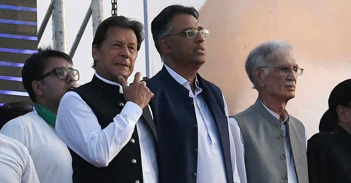 Pakistan's Prime Minister Imran Khan along with other lawmakers during a rally in Islamabad last week. File photo: AFP