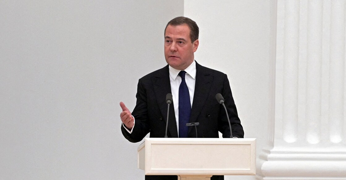 Deputy Chairman of Russia's Security Council Dmitry Medvedev delivers a speech during a meeting with members of the Security Council in Moscow, Russia February 21, 2022. Photo: Sputnik/Alexey Nikolsky/Kremlin/Reuters