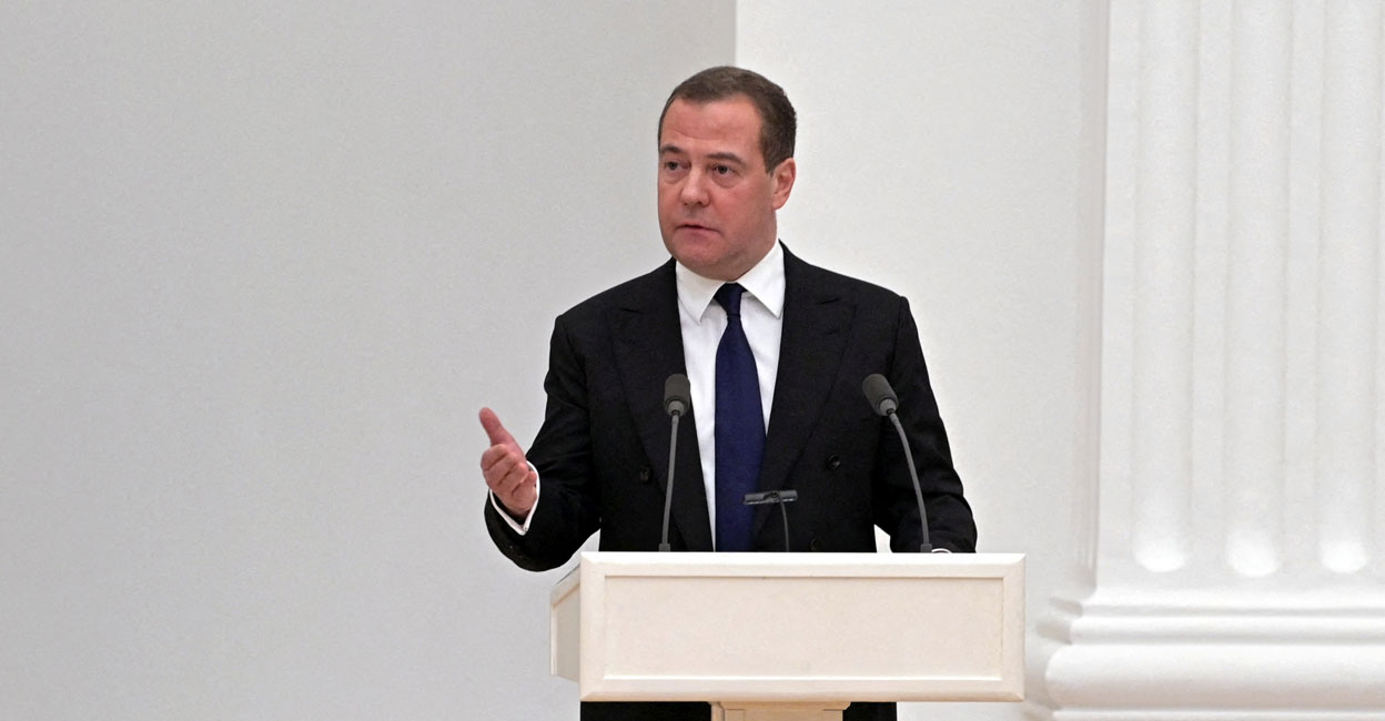 Deputy Chairman of Russia's Security Council Dmitry Medvedev delivers a speech during a meeting with members of the Security Council in Moscow, Russia February 21, 2022. Photo: Sputnik/Alexey Nikolsky/Kremlin/Reuters