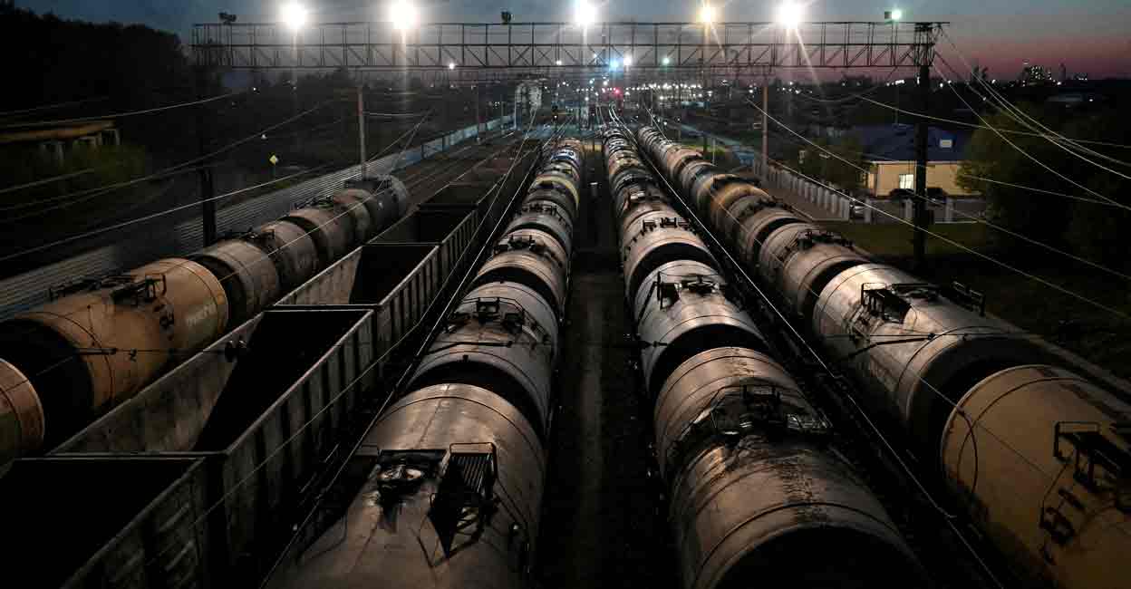 FILE PHOTO: View shows railroad freight cars, including oil tanks, in Omsk, Russia May 1, 2020. REUTERS