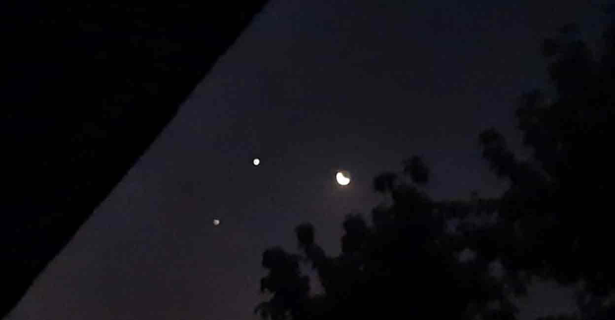The celestial spectacle of Venus, the brightest planet, and Jupiter, coming closer just before sunrise on Wednesday. The picture was clicked by Susan Thomas, a class XII student of the Marthoma Residential School in Thiruvalla. Photo: Daya Susan Mathew