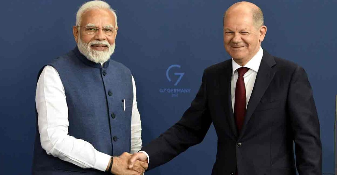 PTI05_02_2022_000295A German Chancellor Olaf Scholz and Indian Prime Minister Narendra Modi shake hands as they attend a news conference during the German-Indian government consultations at the Chancellery in Berlin, Germany May 2, 2022. Photo: PTI