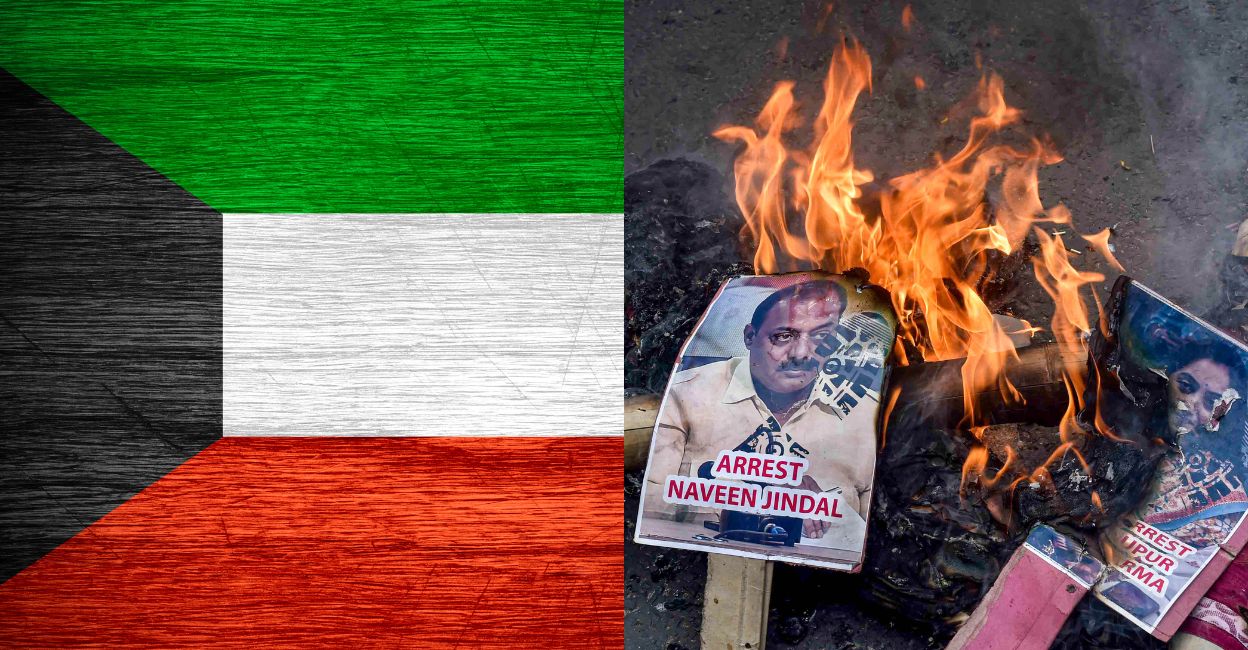 1. Flag of Kuwait 2. Posters of now suspended BJP spokesperson Nupur Sharma and expelled BJP media head Naveen Jindal in flames during a protest.